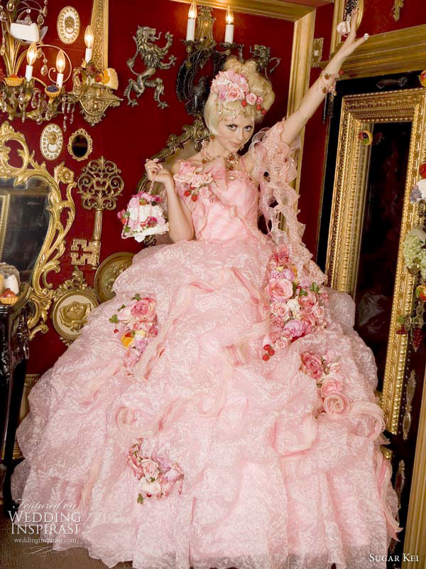 Sweet kawaii western wedding gown in pink with flowers attached by Sugar Kei