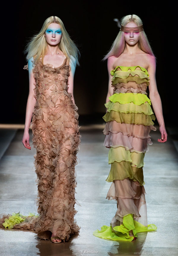 Valentino Haute Couture Spring Summer 2010 collection - ruffle dresses in pale tea brown with neon lime green accents