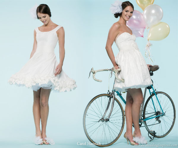 Carol Hannah Whitfield Wedding Collection 2010 - Short and sweet wedding gowns, pictured with a bicycle and balloons in pearlescent pastel colors