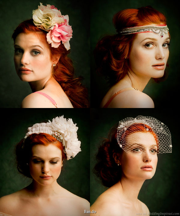 Bridal hair accessories - bird cage veil, white flower headband and other hair accessories from Ban.do