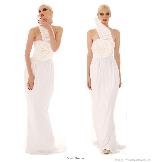Marc Bouwer Spring 2010 collection - White asymetric sleeve large flower ruffle wedding dress Marc Bouwer Spring 2010 collection - White asymetric sleeve large flower ruffle wedding dress