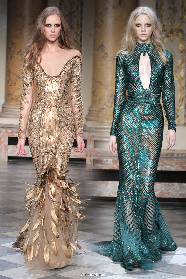 Beautiful couture collection by Zuhair Murad - off-shoulder gold feather dress and deep jewel green halter neck keyhole gown