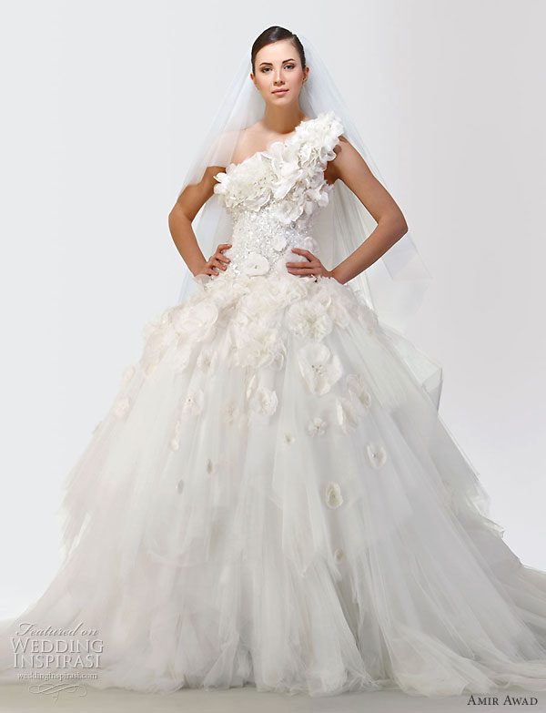 One-shoulder wedding dress from the 2010 bridal gown collection of  Lebanese designer Amir Awad