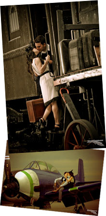 Engagement photo shoot featuring vintage nostalgia, world war era - couple kissing on a locomotive, planes