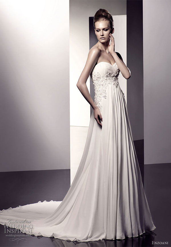 Enzoani 2010 bridal gown collection -  Eleanor wedding dress with sweetheart rouched bodice, A-line chiffon silhouette with lace and beaded empire waist; semi-cathedral train