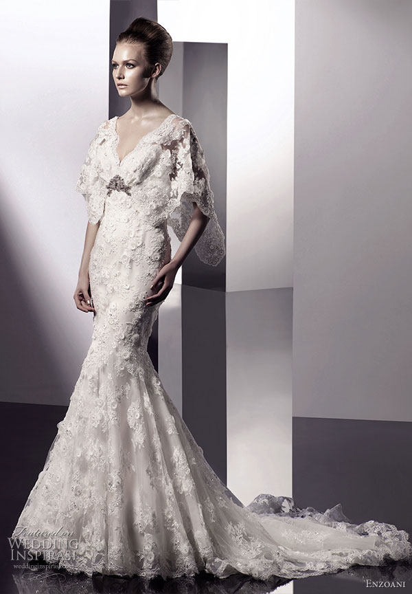 Enzoani 2010 bridal gown collection -  Elena wedding dress mermaid silhouette with sweetheart neckline, hand-beaded Swarovski crystal embellishment on empire waist with butterfly lace sleeves, scalloped hem and chapel train