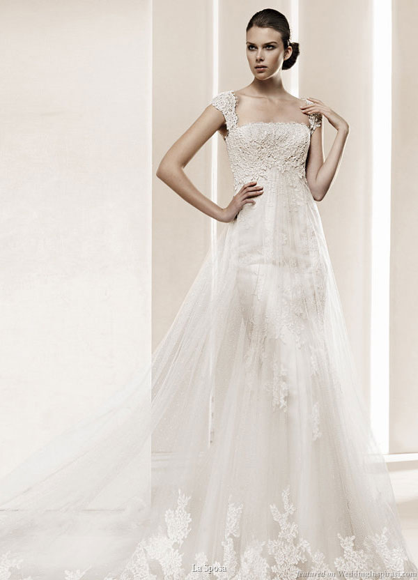 La Sposa 2011 Bridal Gown Collection -- Delta cap sleeve lace wedding dress with double layer skirt one fitted, one loose and see-through translucent