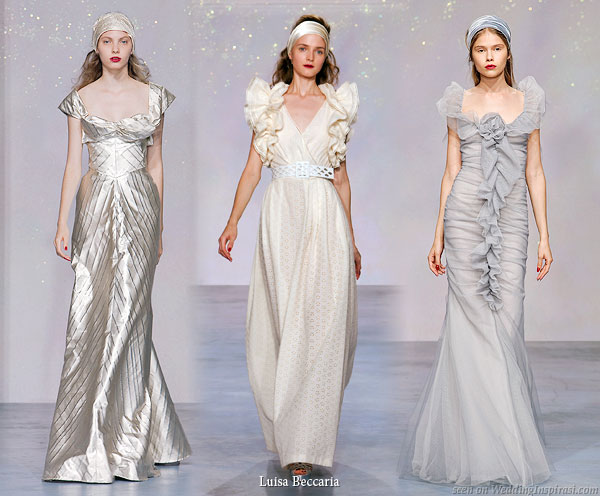 Long gowns from Luisa Beccaria Spring/Summer 2010 collection - Silver striped jacquard cap sleeve, ivory cotton eyelet long dress with white woven leather belt, Pearl grey tulle with jabot