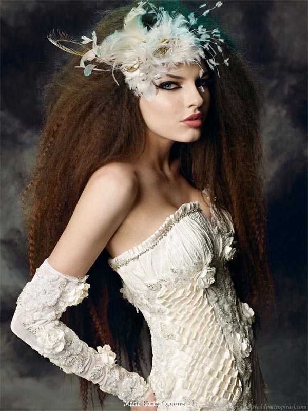 Maria Karin Couture 2011 bridal gown collection - strapless wedding dress, bride wearing a feather fascinator