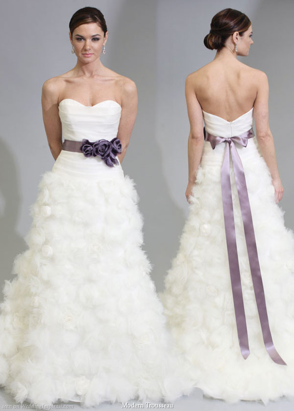 Modern trousseau 2011 bridal gown collection, Martine wedding dress - strapless fitted bodice textured skirt, purple color sash