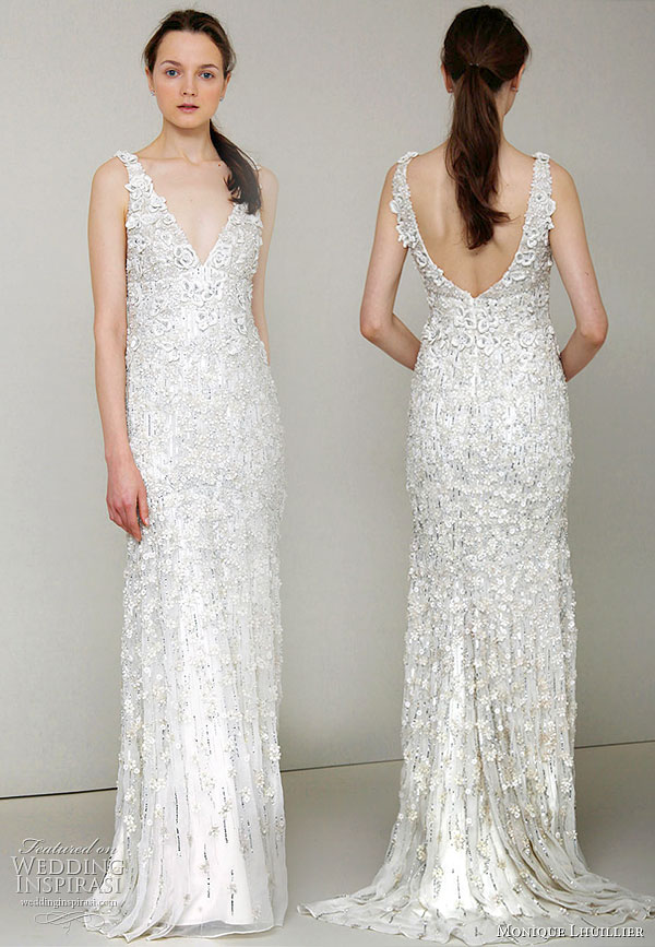 Monique Lhuillier 2011 Spring/Summer wedding dress collection  -  Chandler - ivory embroidered chiffon v-neck sheath bridal gown