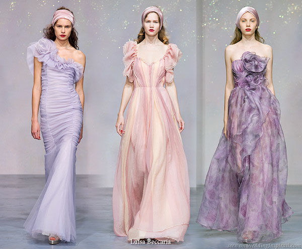 Long dresses from Luisa Beccaria Spring/Summer 2010 collection - Lilac tulle one shoulder long gown, chiffon pink with sleeves, purple Pierre de ronsard rose print organza strapless 