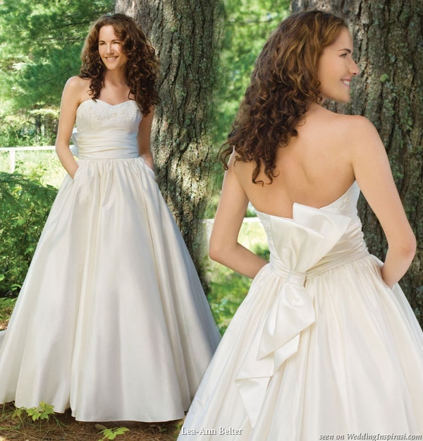 Lea Ann Belter Zoe - silk dupioni gown with sweetheart neckline, full gathered skirt with side pockets, French Alencon lace bodice, beaded with pearls and Swarovski crystals