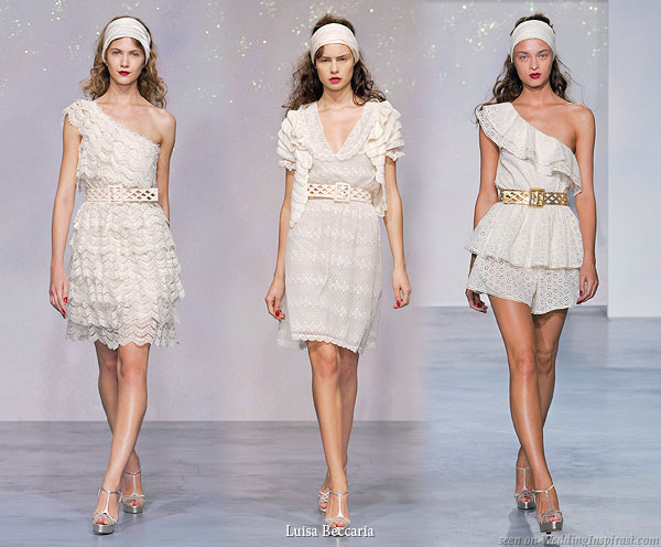 Short lace white or ivory dresses worn with belt - Ivory tutina cotton eyelet one shoulder dress, Ivory embroided tulle dress worn with cotton bolero with volants, Ivory tiered lace one shoulder dress 