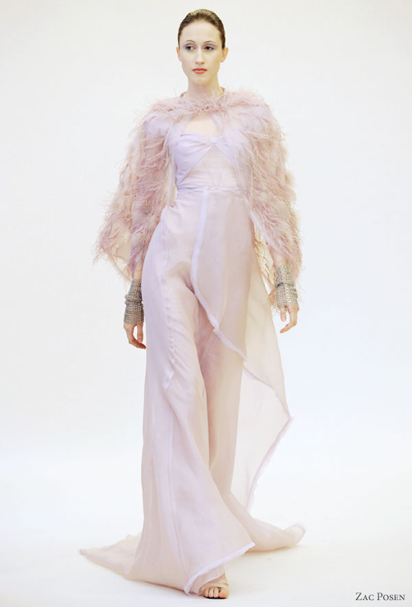 Zac Posen 2011 resort collection - pastel pink, lilac or lavender dress  with feather cape, Anna Cleveland model