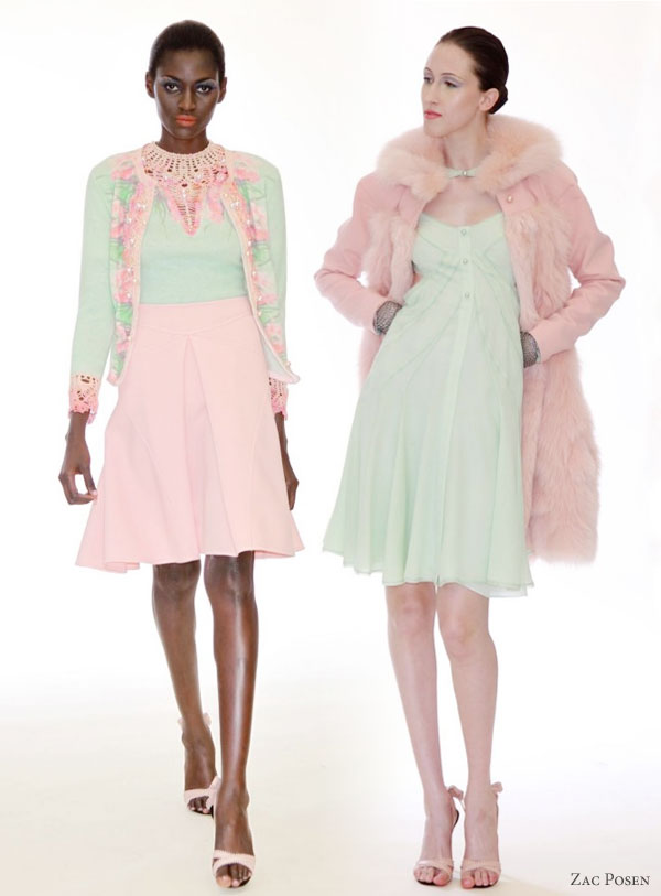 Zac Posen Resort 2011 collection :  short dresses in pretty pastels -- cotton candy pink, celadon, mint green, dusty rose, 