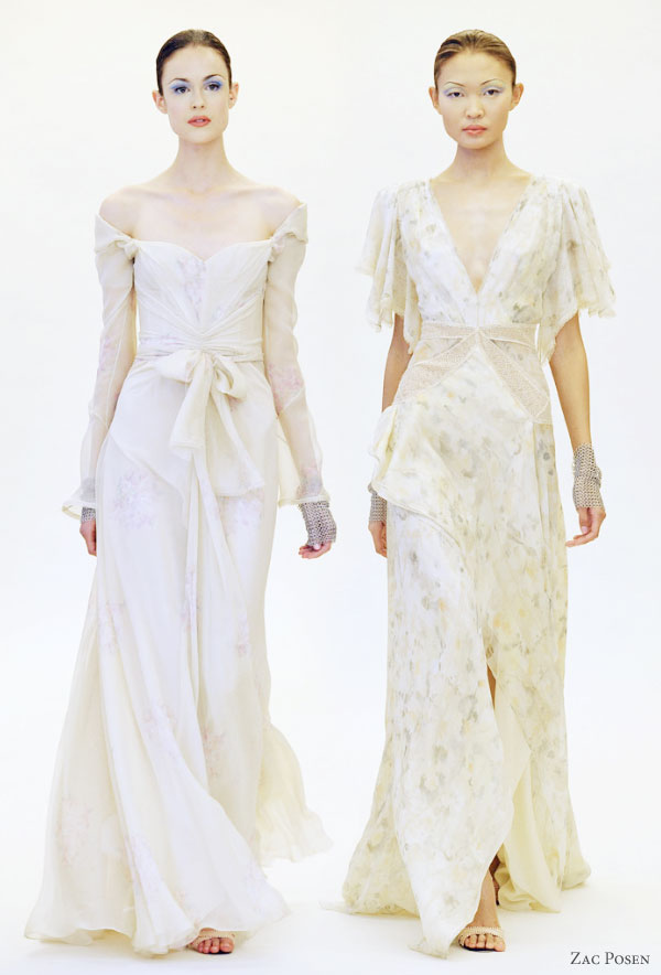 Zac Posen Resort 2011 collection -- romantic gowns suitable as a wedding dress, long sleeve off shoulder, short sleeve v-neck