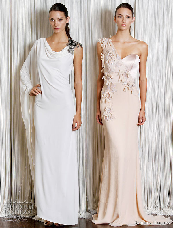 Badgley Mischka Resort Cruise 2011 collection - one-shoulder white    caftan gown and sweetheart neckline peach dress