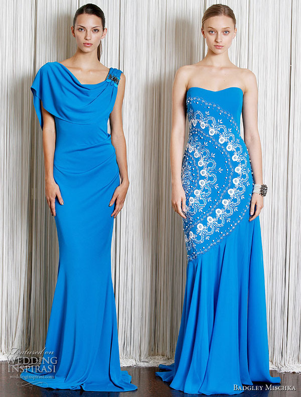 Badgley Mischka Resort Cruise 2011 collection - something blue,  draped gown and strapless dress featuring a bold circular pattern