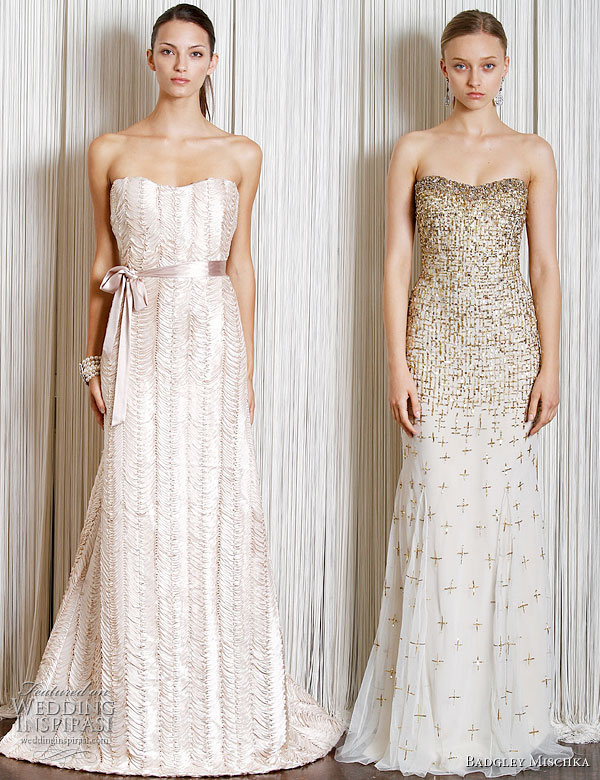 Badgley Mischka Resort Cruise 2011 collection - powdered earthy  neutrals; ivory gowns in strapless and short sleeve styles