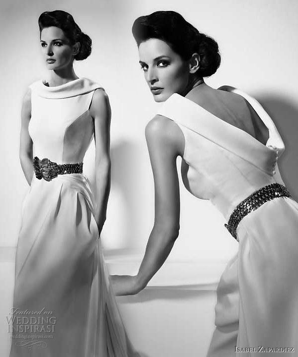 Elegant plunging scoop back wedding dress with contrasting belt from Isabel Zapardiez 2011 bridal gown collection