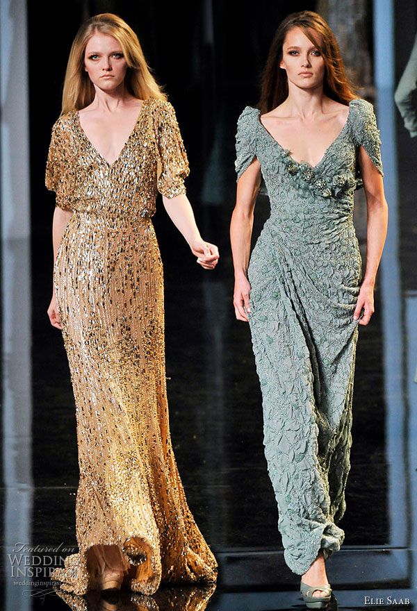Elie Saab Couture Fall/Winter 2010/2011 gold blouson gown and teal  short sleeves v-neck gown