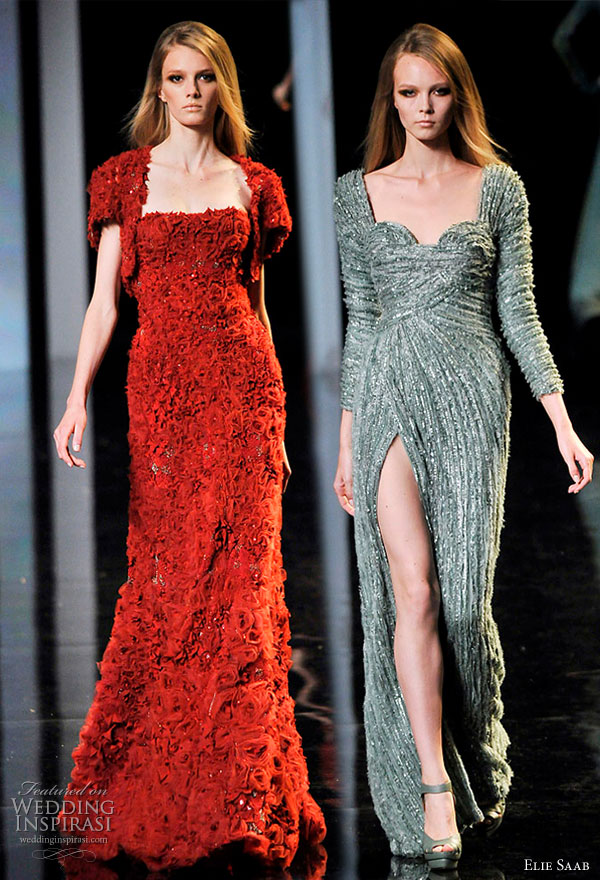 Elie Saab Couture Fall/Winter 2010/2011 - luscious deep red strapless dress with bolero jacket, long sleeve green, aquamarine, turquoise, teal sweetheart neckline gown with high slit