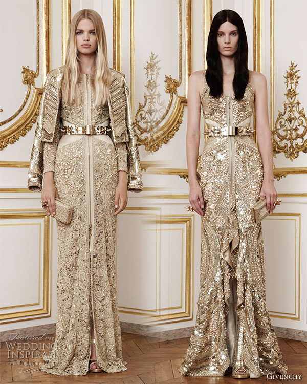 Givenchy Fall Winter 2010/2011 Haute Couture - Veladoras: long   corseted dress hand embroidered in an open lace design in golden thread,   fine gold chain and crystals worn with a tail coat embroidered with   hand cut gold metallic sequins and crystals; Coronos: long corseted   dress embroidered with hand cut gold metallic sequins and crystals