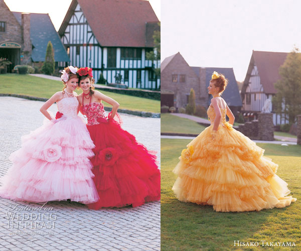 Hisako Takayama Couture Maison -- colorful wedding dresses by the  Japanese designer - pink, red, yellow-orange strapless ballgowns