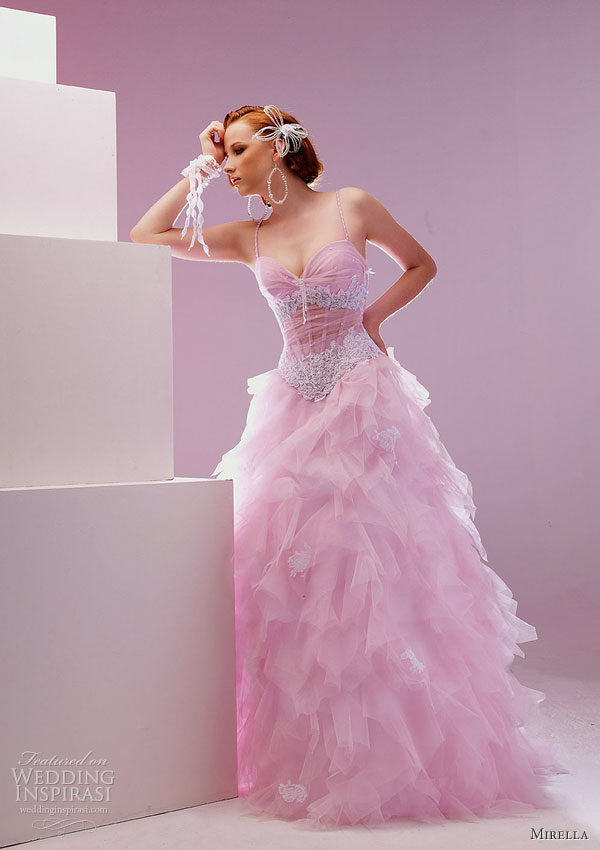 Pink strapless wedding gown with ruffle skirt from Mirella France