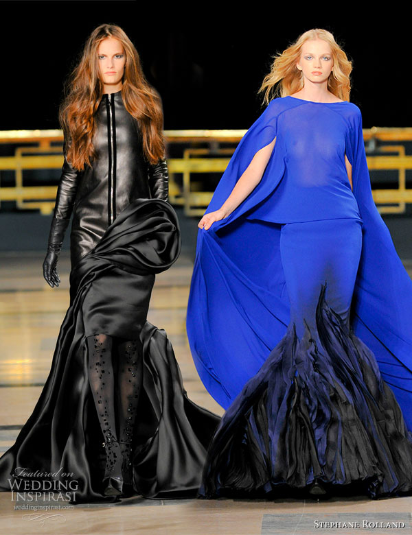 Stephane Rolland Fall/Winter 2010/2011 Haute Couture - black  lambskin dress with black double satin organza train, long handpainted  cobalt blue crepe de chine dress with night blue and black organza  leaves