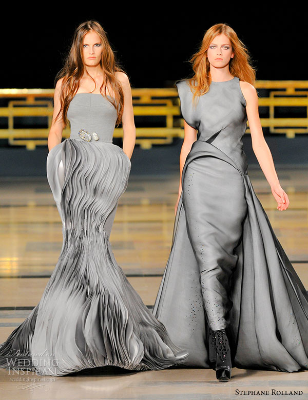 Stephane Rolland Fall/Winter 2010/2011 Haute Couture - long gray wool jersey bustier gown with organza leaves and pearl gray satin  leather; long white gazar gown veiled in black organza