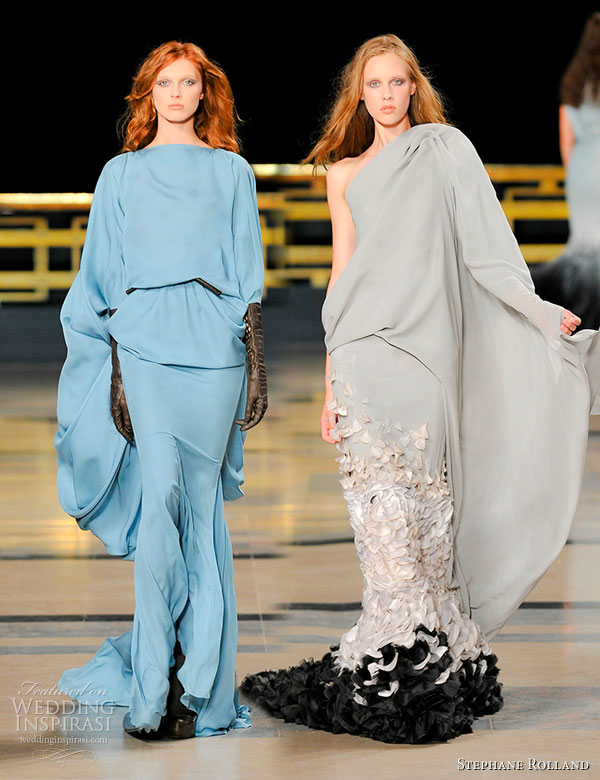 Stephane Rolland Fall/Winter 2010/2011 Haute Couture - long draped  blue jean crepe de chine dress; long crepe de chine asymmetrical dress  veiled in raw chiffon with shaded organza leaves