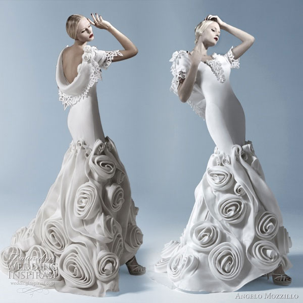 Angelo Mozzillo White Collection 2010 wedding dress with large rosette or floral fabric adornment