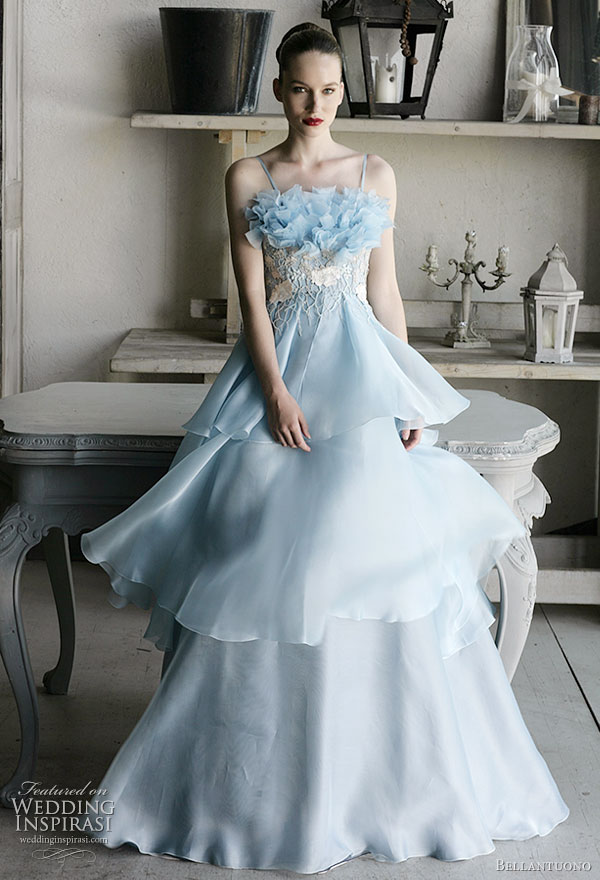 Bellantuono light blue wedding dress, strapless with tiered skirt from the 2010 bridal collection