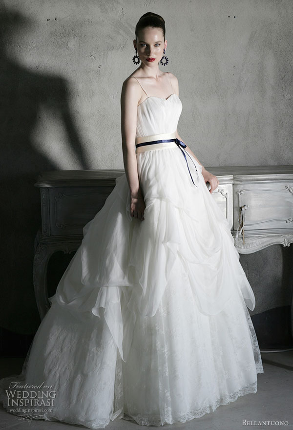 Bellantuono wedding gown from the 2010 bridal collection - strapless ballgown with blue obi-inspired sash belt and draped skirt Bellantuono wedding gown from the 2010 bridal collection - strapless ballgown with blue obi-inspired sash belt and draped skirt