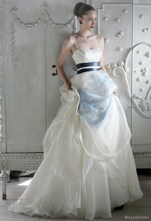 Bellantuono wedding gowns from the 2010 bridal collection - strapless gown with blue painted silk skirt and obi inspired sash Bellantuono wedding gowns from the 2010 bridal collection - strapless gown with blue painted silk skirt and obi inspired sash