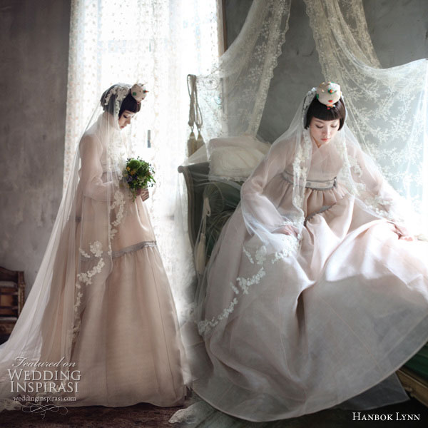 Modern Korean Hanbok - the traditional korean dress given an update using unusual materials such as chiffon, in lighter colors and worn with a veil Modern Korean Hanbok - the traditional korean dress given an update using unusual materials such as chiffon, in lighter colors and worn with a veil