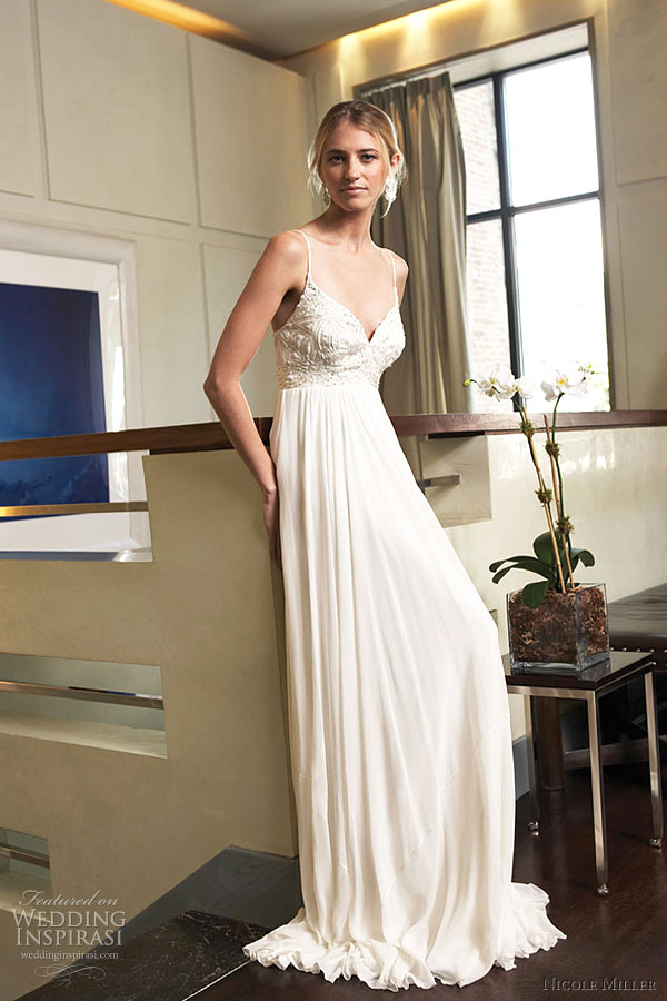 Nicole Miller Bridal collection - celtic silk empire v-neck wedding dress with beaded bust detail 