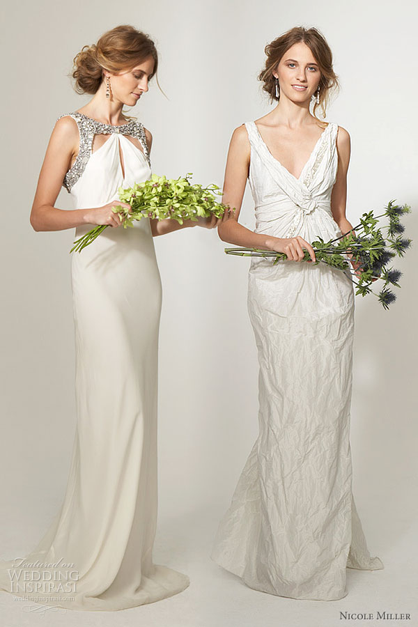 Nicole Miller Bridal collection - silk georgette wedding dress with antique crystal cut out neckline and twist front ivory metal gown with beading detail Nicole Miller Bridal collection - silk georgette wedding dress with antique crystal cut out neckline and twist front ivory metal gown with beading detail