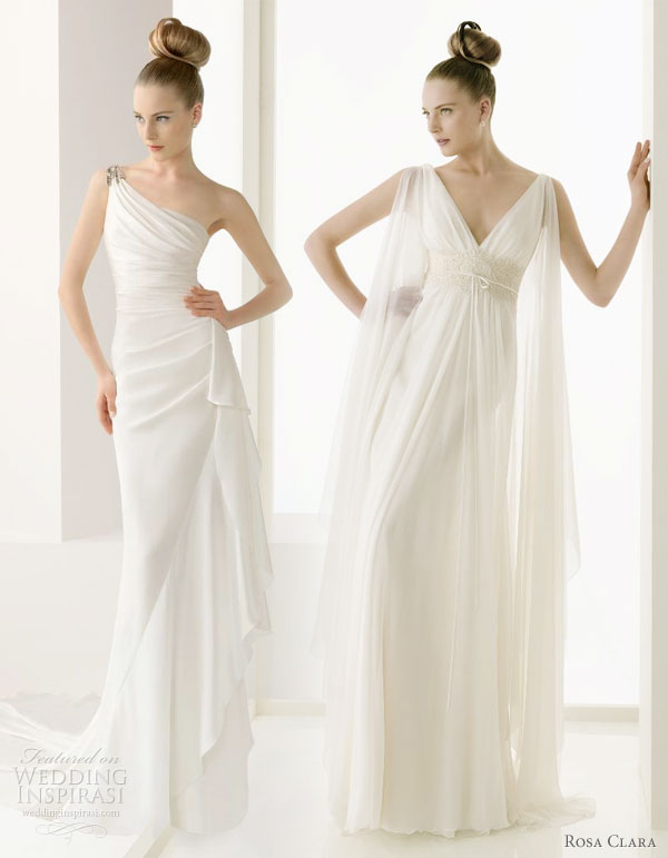 Rosa Clara 2011 wedding dresses -- sexy, sheaths, Greek goddess style bridal gowns, Emery - Silk crepe gown and Espiga - gauze and lace gown