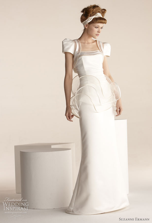 Suzanne Ermann wedding dresses 2011 SE Marier pret-a-porter bridal collection - Clochette dress in duchess satin, ruffled waist scrolls tulle strapless corset draped with tulle and satin bias stressed