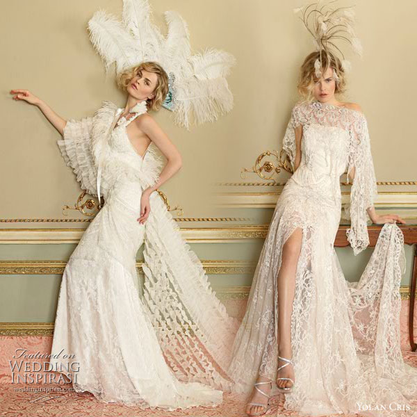 Yolan Cris vintage inspired lace wedding Dresses Divas 2010 collection -  Agata and Celina flapper or 1920s inspired bridal gowns worn with feather fascinators