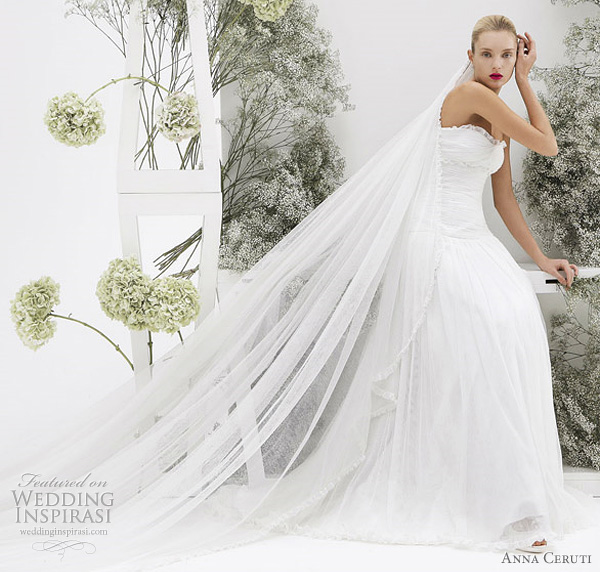 Anna Ceruti bridal gown 2010 white strapless wedding dress, worn with long veil