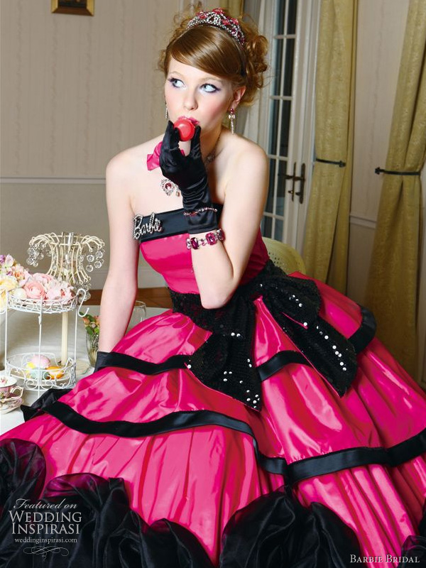 Barbie pink wedding dress with black bow sash, 2010 Barbie Bridal collection