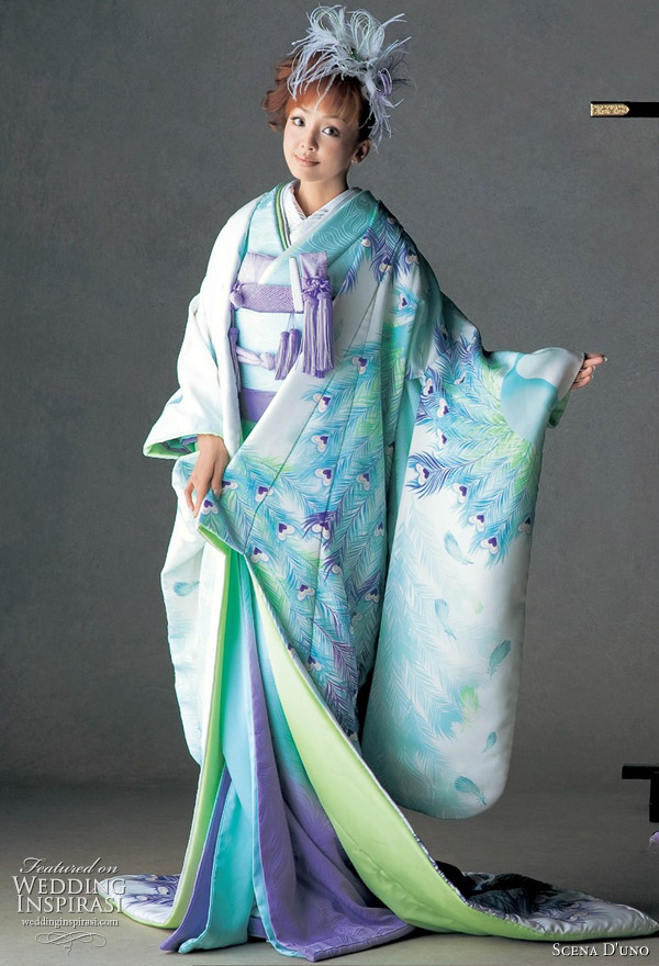 Light blue Japanese silk kimono with green accents painted with peacock motif