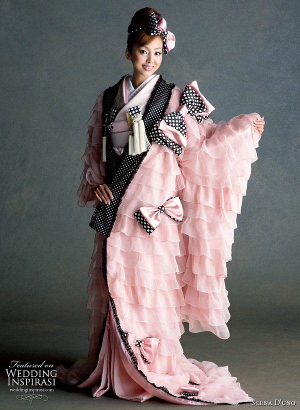 Romantic wedding dress - Cute pink modern kimono with large polka dot bows and ruffles