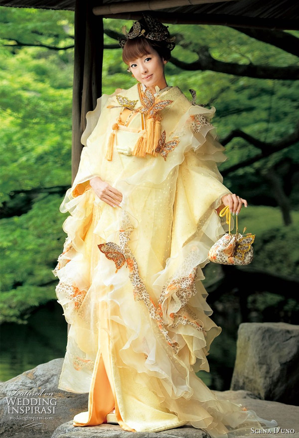 Traditional Japanese kimono given a modern twist with lighter fabrics and use of ruffles and animal print - The new romantic traditional wedding dress