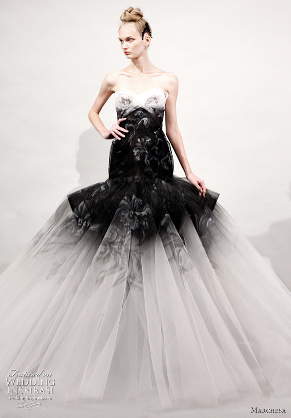 Marchesa Spring/Summer 2011 ready to wear collection - black and white tulle strapless dropped waist ball gown
