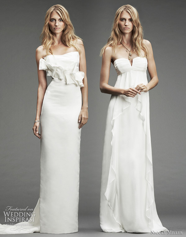 Nicole Miller wedding dressess 2010 Fall/Winter bridal collection - silk strapless gown with front ruffle detail and train; silk chiffon strapless gown with empire waist and front draping
